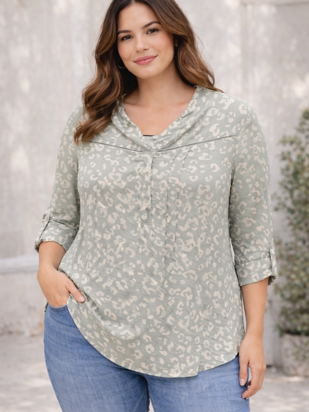 Kim Rogers Sage Green Leopard Print V-Neck Blouse 3/4 Sleeves NWT